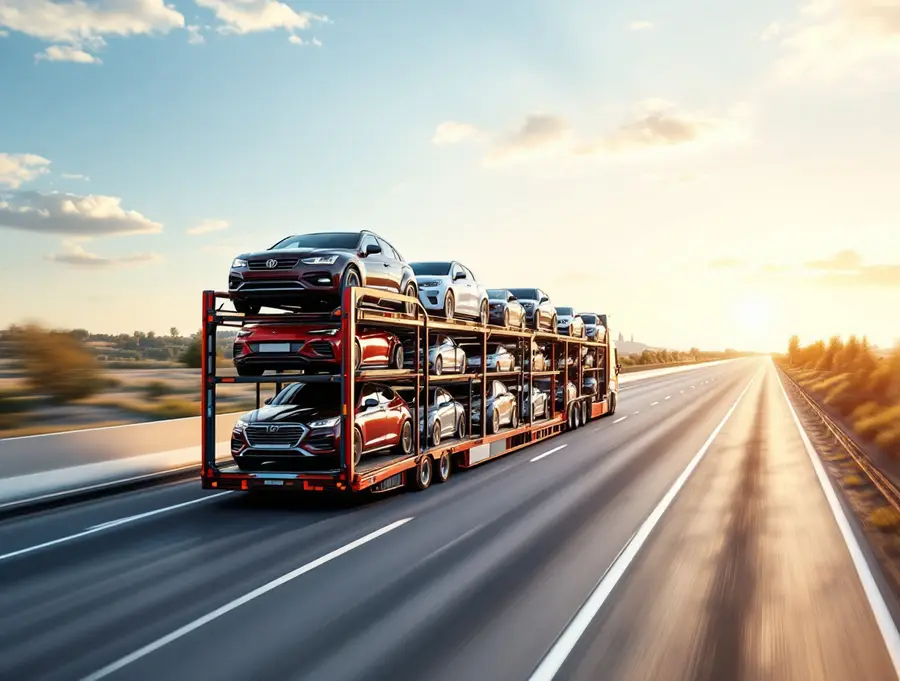 An open car carrier transporting vehicles